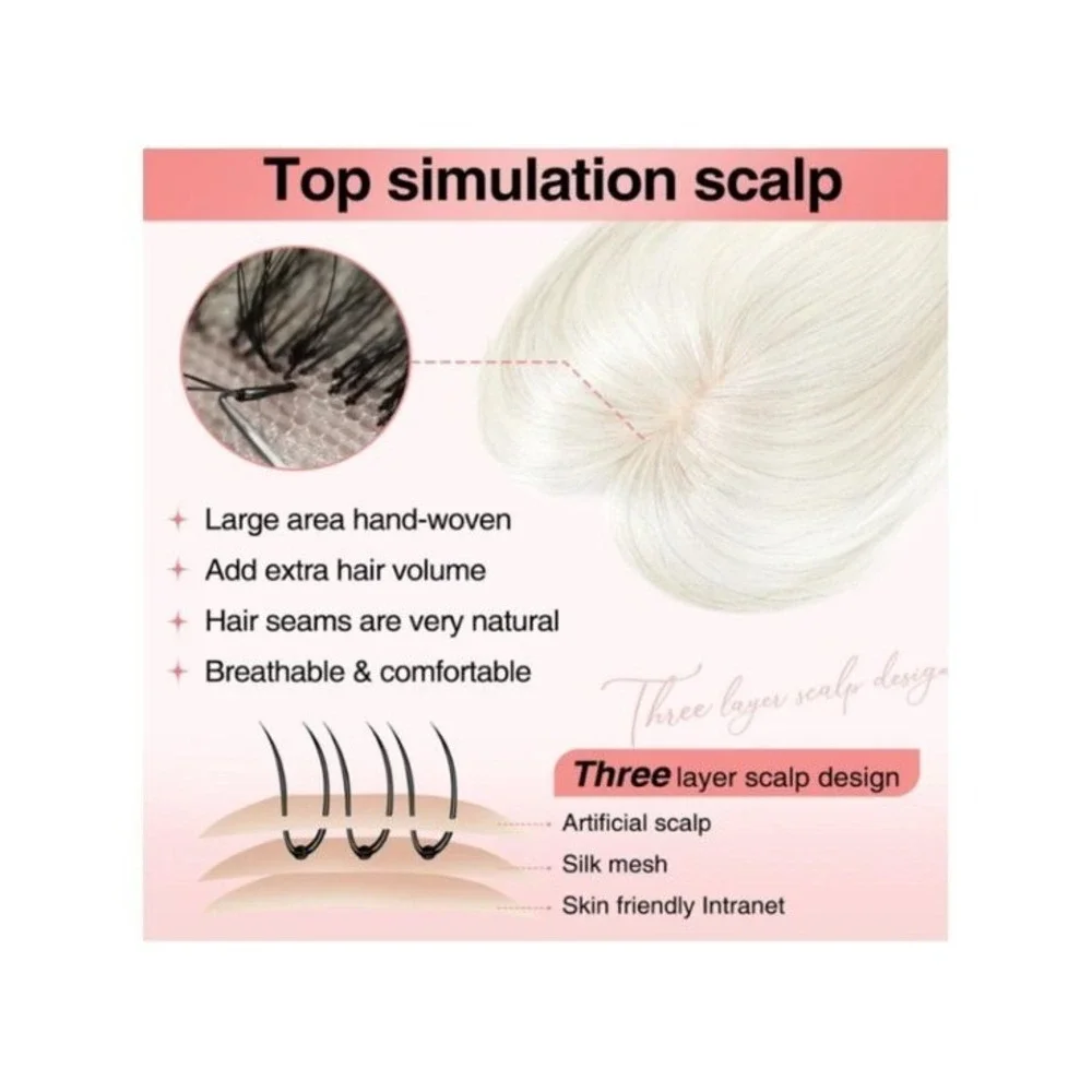 White Human Hair Topper with Bangs & Silk Base, Lace Clip - 10